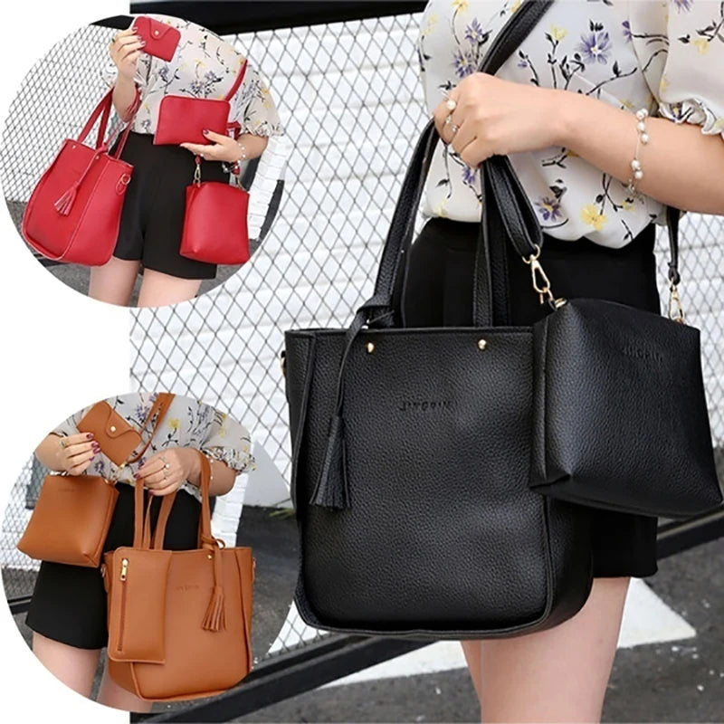 Conjunto 4 Bolsas Femininas em Couro Sintético – Tiracolo, Ombro, Carteira e Porta Cartão
