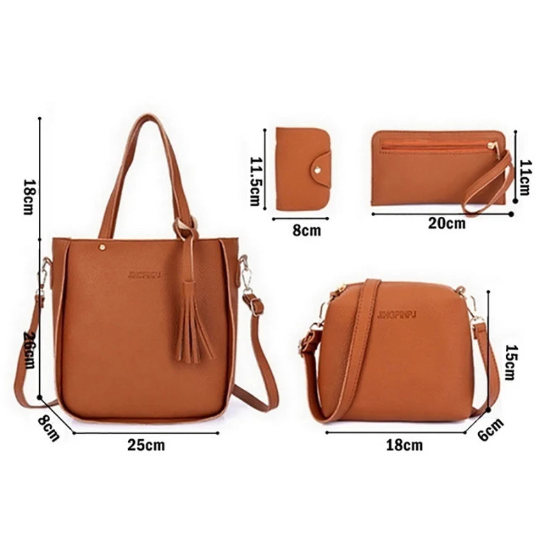 Conjunto 4 Bolsas Femininas em Couro Sintético – Tiracolo, Ombro, Carteira e Porta Cartão