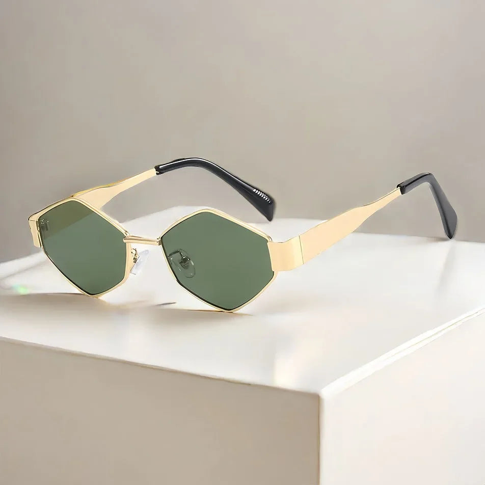 Óculos de Sol Fashion Hexagono Verde e Dourado