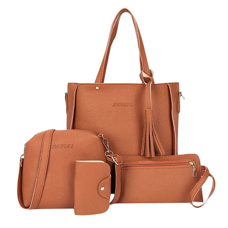 Conjunto 4 Bolsas Femininas em Couro Sintético – Tiracolo, Ombro, Carteira e Porta Cartão